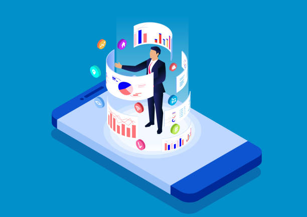 Illustration of a man surrounded by data graphs that symbolize analysis and performance tracking.